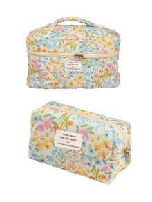 1 Set Of 3 Floral Pattern Portable Cosmetic Bags, 1 Fashionable Casual Large Capacity Zipper Cosmetic Bag, 1 Travel Makeup Bag For Storing Sanitary Napkins, Toiletries, Desktop Organizer - Multicolor - View 14