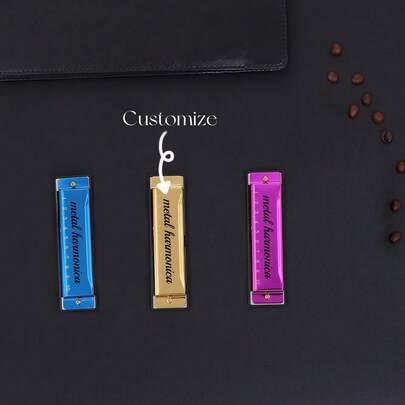 Armónica de metal personalizada, instrumento musical estudiantil, juguete educativo, armónica de metal de 10 orificios en tono C, superficie lisa y brillante, material sin olor