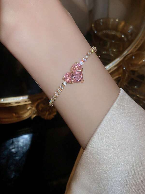 1pc Cute Cubic Zirconia Heart Shaped Round Bracelet, Luxurious High-End Elegant Accessory