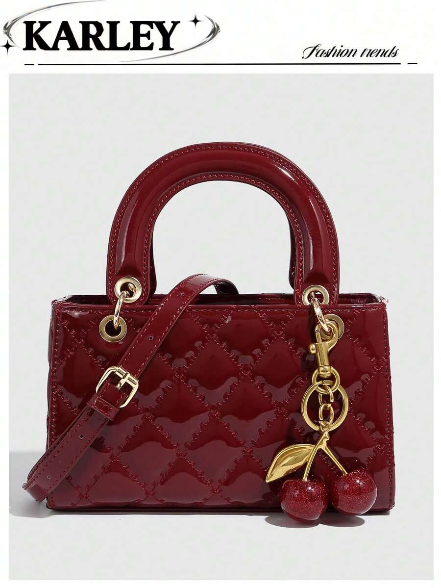 1pc PU Leather Handbag, Burgundy Wine Color Bag, Versatile Quilted Patent Leather Tote Bag, Structured Purse, Fashionable Shoulder Crossbody Bag With Geometric Pattern , New Year - Multicolor - View 1