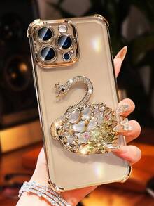 奢华电镀透明金色手机壳，带创意天鹅支架，水钻闪光 Y2k 风格，防摔，防掉落，夏季新款时尚硅胶防震保护软壳，兼容 16 16e 15 14 13 12 11 X XS XR 8 7 Plus Pro Max Mini、Samgsung Galaxy S24 S25 Ultra、兼容小米 Redmi、兼容华为 Honor OPPO Reno MOTO Infinix Women 2025