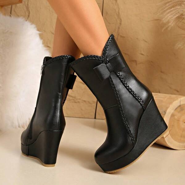 Women's Autumn/Winter Platform Mid-Calf Boots, Chunky Heel, Waterproof, Bow Decor