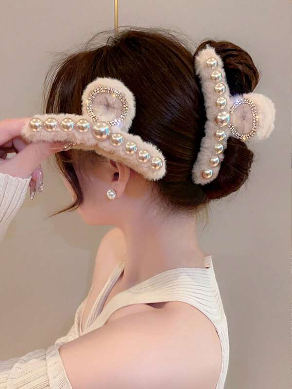 1pc Solid Color Polyester Faux Pearl Fluffy Rhinestone Hair Claw Clip, Women, Autumn/Winter Elegant Hair Accessories Elegant Hair Clips Winter Hair Clutch