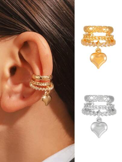 Mode 18K Gold Kupfer Mehrschicht Manschetten Ohrringe elegant mit Herzanhänger, Fake Knorpel Ohrringe Clip ohne Piercing Körperschmuck für Frauen