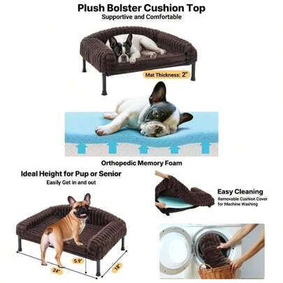 Raised Dog Sofa Bed With Removable Bolster, Fluffy Elevated Dogs Bed Washable With Orthopedic Mattress, Dog Sofa Non - Slip Feet Puppy Kitten, Brown 6