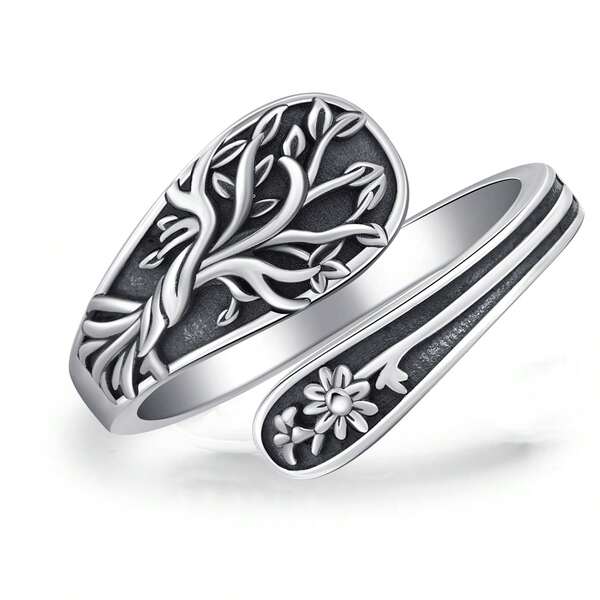 1pc Adjustable 925 Silver Tree Of Life Spoon-Shaped Ring, Vintage Flower Design Unisex