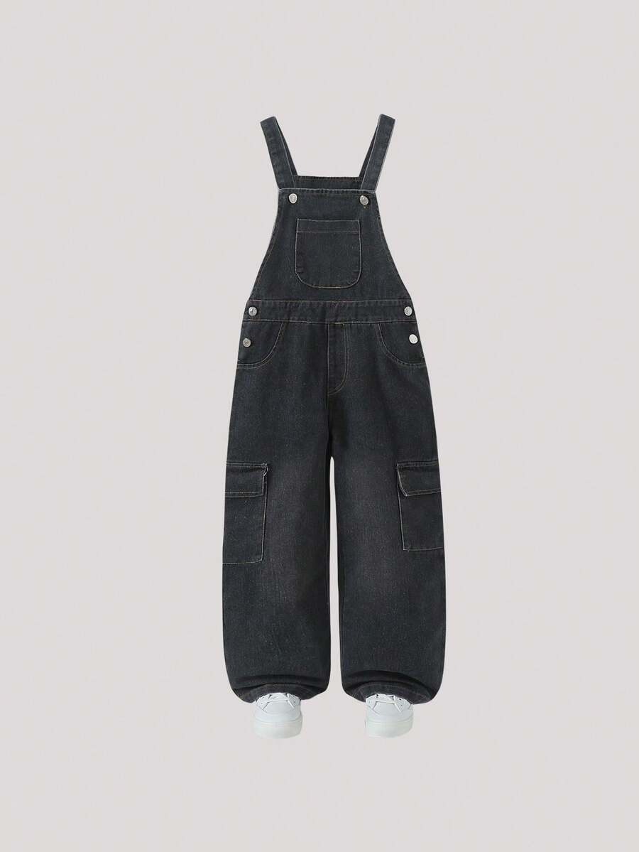 Tween 女童牛仔背带裤，2025 春夏秋季新款时尚街头风格工装裤，带侧袋，直腿连体裤 - 黑色 - 查看 1