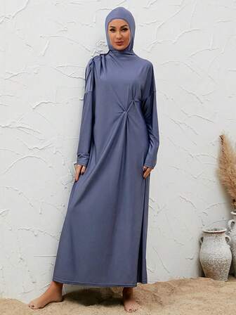 VFJ 女士穆斯林休闲圆领高弹力布基尼泳衣，包括一件长款连体连衣裙、高腰裤和连帽衫，适合作为端庄的泳装和沙滩装。