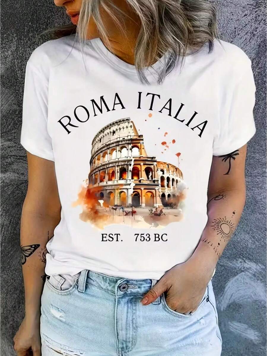Mujer casual camiseta Roma Italia estampado gráfico Coliseo letras artísticas fondo creativo ajuste holgado cuello redondo manga corta primavera verano diario T-shirt - Blanco - Ver 1