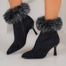 Women's Fashionable Pointed Toe Stiletto Heeled Ankle Boots With Fur Decoration, Suitable For Christmas, Daily Wear, Holiday Parties And Music Festivals. - 黑色 - 查看 3