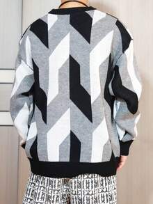 YouYuchen Cardigan Jaqueta de Malha Geométrica Assimétrica Casual Plus Size, Adequado para Primavera, Outono e Inverno - Preto - Visão 5