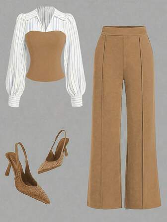 女式薄款条纹拼接优雅休闲两件套，长袖上衣和裤子，适合办公室和家居，春夏秋