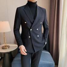 Double Breasted Casual Suit Jacket For Men's Spring And Autumn High-End British Business Single Western  Slim Fit Men's Suit Set - 黑色 - 查看 11