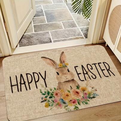 Happy Easter Bunny Floral Doormat, Polyester, Rectangular, Flannel 2D Pattern Printing, Washable, With Non-Slip PVC Backing, For Indoor/Outdoor Entrance Rug, Home Room Decor