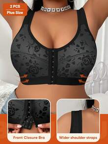 Morelect 2pcs/Set Plus Size Women's Wireless Floral Print Front Closure Bras, Comfortable & Supportive For Everyday Wear - Black - View 5