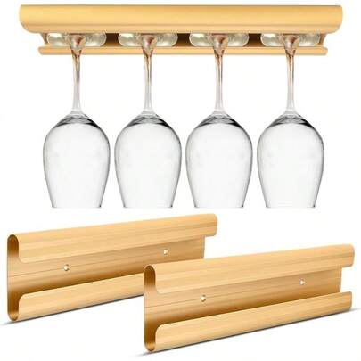AA Brothers Aluminum Wine Glass Rack 2 Pack Gold Under Cabinet Wine Glass Holder Under Shelf Mounted Stemware Rack For Bar Kitchen Hanging Stemware Rack Organizer Hanger