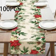 1 Set Leinen Weihnachts-Tischläufer, entworfen mit einem Poinsettia-Muster mit Tannenzweigen, Stechpalme und Beeren als Verzierungen, strapazierfähige Polyester rechteckige Tischdecke, Weihnachtsdekoration geeignet für ländliche Feiertags-Dekoration