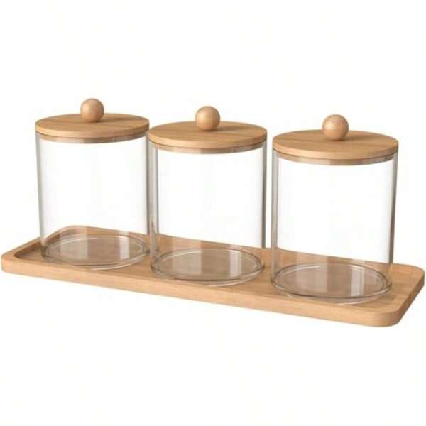 3 PCS Round Transparent Acrylic Cotton Swab Storage Box With Bamboo Lid 3.63x4.17 Inches Ideal For Makeup Remover Pads Bath Salts And Bathroom Essentials