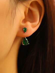 2pcs Copper Inlaid Cubic Zirconia Teardrop Stud & Dangle Earrings Set For Women, Elegant And Sophisticated Design, Rich Color Combination, Vintage And Luxurious Style Earrings To Enhance Your Outfit - Teardrop Shape - View 5