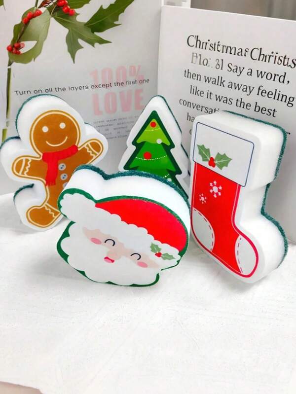 Set de 4 esponjas navideñas para la cocina - Diseños de Papá Noel/Árbol/Calcetín, de doble cara | Para limpieza de cocina, decoración navideña y regalos