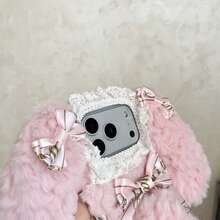 Custodia di lusso in morbido peluche con decorazione a fiocco, orsetto e coniglietto, compatibile con 17/16/13 Pro Max/12/16 Pro, custodia morbida e calda per l'inverno/autunno