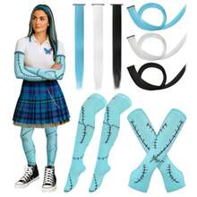 8 Pcs Halloween Sally Cosplay Accessories Set For Girls Women Faux Stitched Arm And Leg Warmers Blue White And Black Wig For Monster Inspired Costume Adult