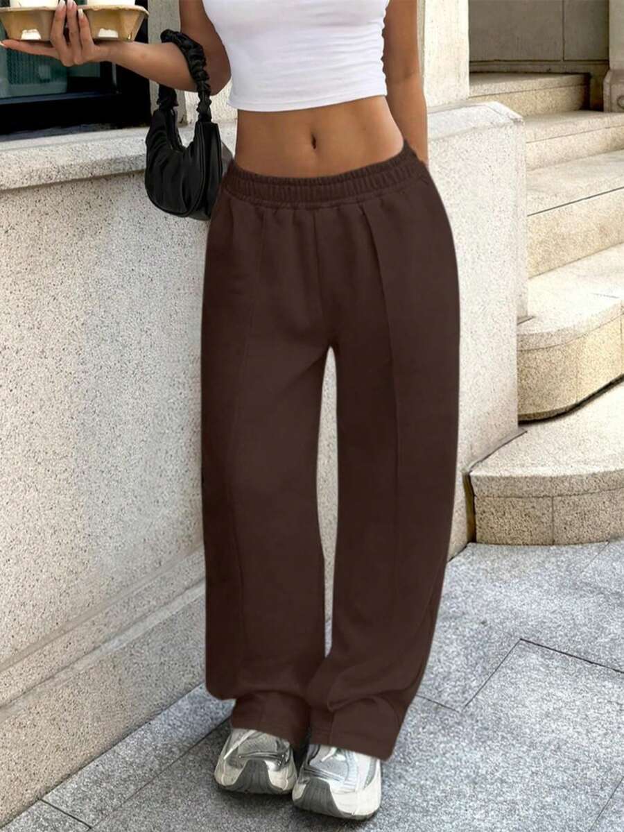 Soltrb Casual Loose Solid Color Elastic Waist Sweatpants - Coffee Brown - View 1
