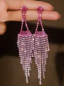 2pcs Fashion Long Fringe CZ Crystal Women's Earrings, Copper Alloy Zirconia Inlay, Shiny And Fashionable, Suitable For Parties And Daily Wear