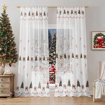 2 piezas de cortinas ligeramente opacas con diseño de bastón de caramelo de reno y árbol de Navidad, de tela vaporosa, adecuadas para la sala de estar, el dormitorio, decoraciones navideñas para ventanas, compatibles con decoración navideña y rústica acogedora, cortinas con varilla