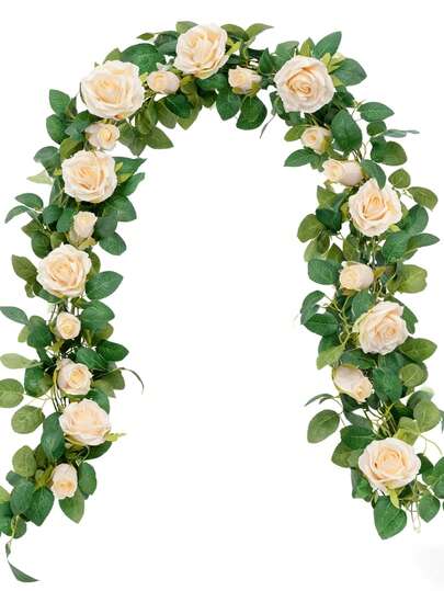 MEHELANY 2/1pc 6.5ft Champagne Artificial Silk Rose Vine Wreath, Fake Rose Wreath, Suitable For Christmas Decor, Valentine's Day, Mother's Day Gift Decor, Wedding Decor, Cabinet Decor, Indoor Wall Decor, Home Tabletop Decor, Room Decor, Stair Railing Decor