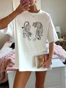Mujer casual playera estilo casual con estampado gráfico tigres ajuste holgado cuello redondo manga corta primavera verano uso diario camiseta - Blanco - Ver 1