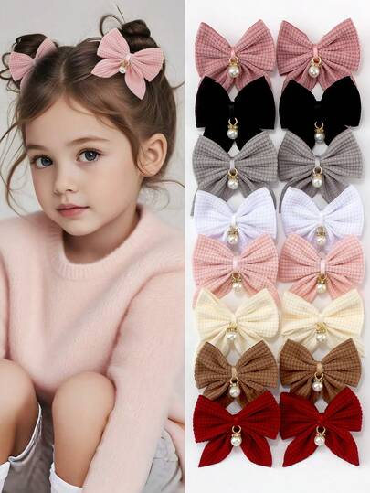 8pcs Autumn/Winter Multi-Color Fabric Plaid Bow Pearl Pendant Swallow Tail Hair Clips, Cute Girl's School Style Hair Accessories, Suitable For Daily Wear And Party
