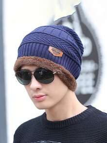 1pc Men's Knit Hat With Leather Label And Fluffy Trim, Fashion Versatile, Comfortable Fabric, Flattering, Suitable For Travel, Hiking, Shopping, Cycling, Gatherings And Various Occasions