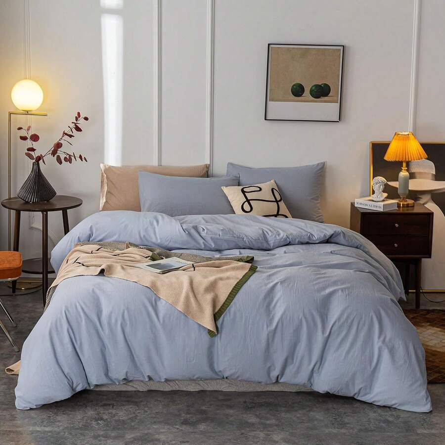 Ultra Soft 100% Cotton Solid Color Dusty Pink Queen Duvet Cover Set With Zipper Closure - 3 Pieces, In 2025 - Light Blue - View 1