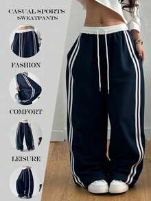 秋冬新款撞色抽绳宽松休闲裤，美式高腰直筒侧条纹口袋阔腿运动裤拼接宽松舞蹈运动裤