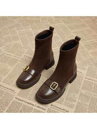 2025 Autumn New Fashion Round Toe Vintage Buckle Strap Short Boots Women, Chocolate Brown Classic Popular Thick Sole Fashionable Elastic Sock Boots, Versatile Skinny Boots, Elegant Boots