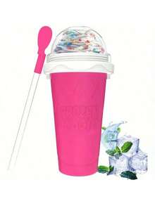 1pc Portable DIY Slushy Maker Squeeze Cup - Double-Layer PVC With Lid & Straw, Reusable Anti-Shock Slushie Cup For Youngsters, Friends, Family - Hand Wash Only, No Electricity Needed, Floral Striped Design For Juices, Milk, Ice Cream & Smoothies