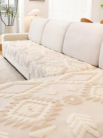 1pc Bohemian Rhombus Quilted Plush Sofa Cushion Cover, Warm-Toned Country Style Sofa Slipcover, Non-Slip & Anti-Scratch, Suitable For All Seasons, Fits 1/2/3/4 Seater Sofas And Sectionals, Autumn Decor, Room Decor, Back To School, Study Supplies