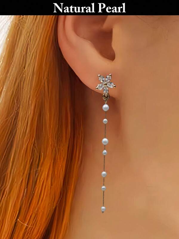 1 Pair Fashion Pearl Earrings, Natural White Pearl Eardrops, 5-Petal Flower Diamond Stud Earrings, Women Daily Wear Party Festival Gift Box