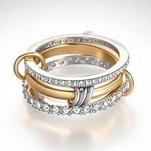 1pc Stacked Ring With Three Rings, Inlaid With Synthetic Zirconia Stone, Copper Material, Fashionable & High-End Women's Wedding Ring - Bộ đồ ba mảnh màu vàng - Xem 10