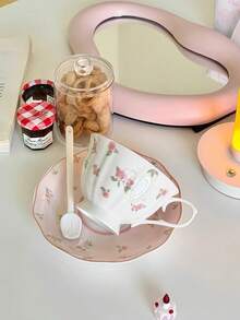 1 szt. Zestaw ceramicznych filiżanek do kawy i spodków w stylu vintage z motywem króliczka z różą, idealny na popołudniową herbatę lub latte