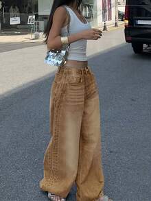 Retro Khaki Straight Leg Jeans, Loose American Style Casual Wide Leg Pants, Women's Fashion Spring/Summer Outfit - 卡其色 - 查看 7