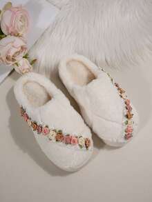 Women's Fluffy Slippers With Floral Applique, Fashionable And Elegant, Warm Thermal Lined, Suitable For Home Wear In Autumn/Winter - White - View 7