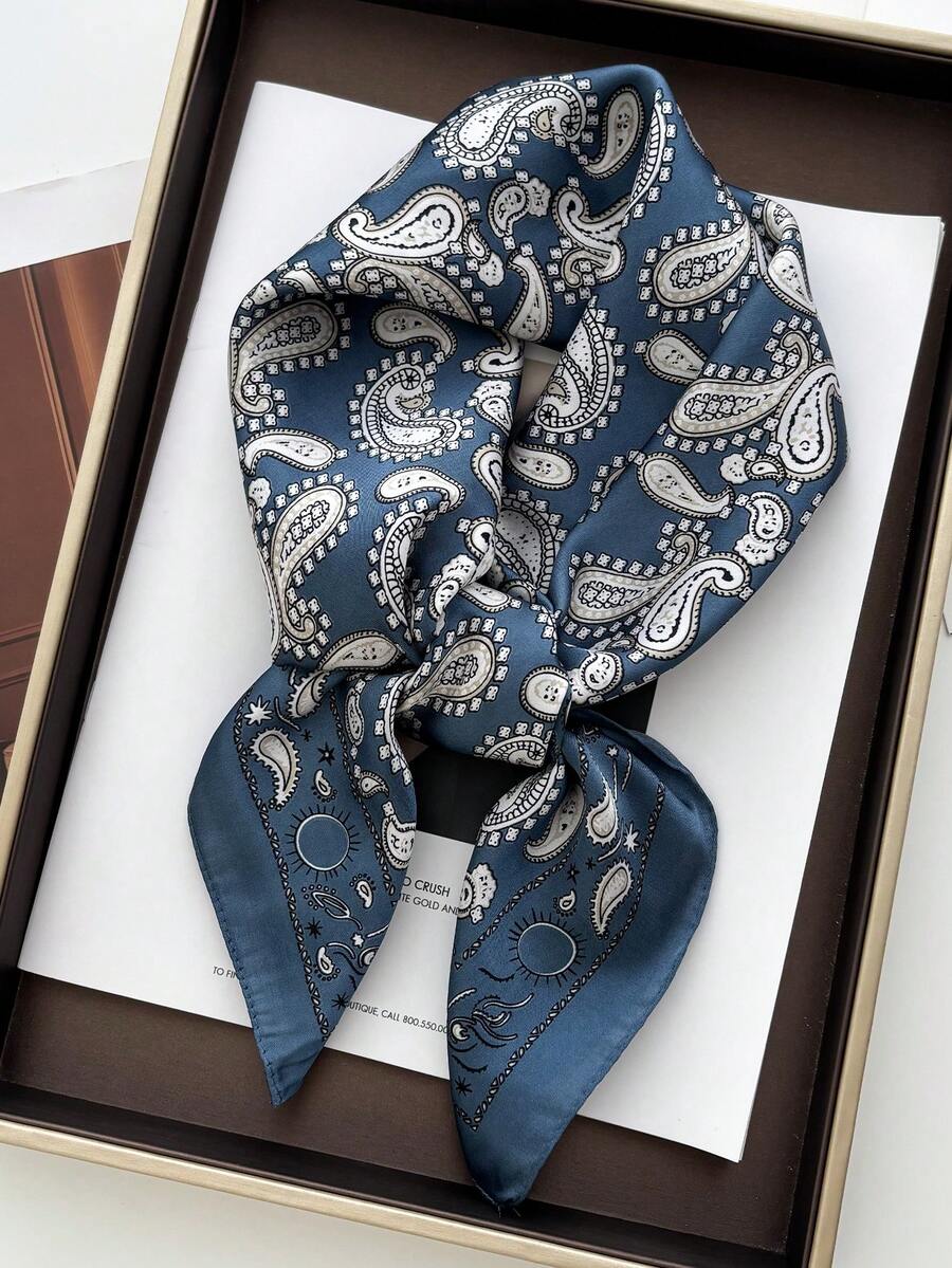 1pc Paisley Print Faux Silk Men's Bandana, Versatile Neck Scarf, Headband, Decoration - Blue and White Cashews - View 1