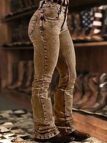 Retro Flare Jeans - Mid-Rise Stretch Skinny Denim, Classic Washed Bootcut Pants - Brown - View 5