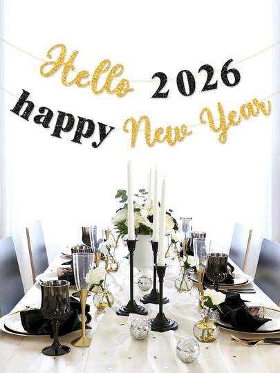 1 件闪光“Hello 2026”新年快乐横幅，新年派对装饰旗