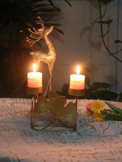 1 Gold Ginkgo Leaf Candle Holder, European Luxury Style, Iron Wire Base With 3 Textured Ginkgo Leaves, Dual-Tier Candle Cups, Casts Warm Golden Glow, Decorates Weddings/Bedrooms/Dining Rooms/Anniversaries, Creates Romantic Ambiance