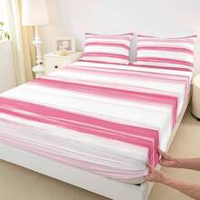 Sbana bajera ajustable de rayas geomtricas rosadas para nios, tamao individual, lnea de arte abstracto, 2 piezas, decoracin de recmara para nios y nias, sbana de bolsillo profundo, 1 funda - Blanco Rosa + TWIN (An. 39 x L. 75 x Al. 16") - Ver 2