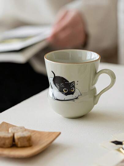 1 件 210ml 陶瓷杯，灰白色，家用和办公室水杯，个性化手柄，咖啡杯，可爱猫咪设计，情侣葫芦形漱口杯