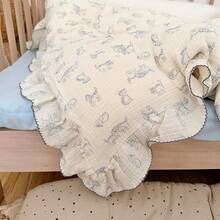 Muslin Duvet Cover With Ruffled Edges, 1 Piece Cotton Comforter Cover 47X59'', Pattern 2-Layer Gauze Bedding, No Quilt Or Pillowcases, Bedroom Essential - 小貓 - 查看 3